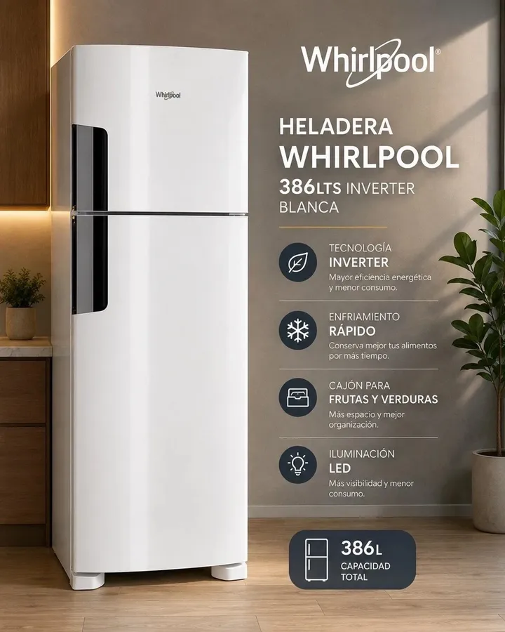 Heladera Whirlpool Inverter 386Lts. NO Frost