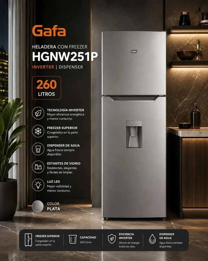 Heladera Gafa Inverter 260L Silver C/Dispenser