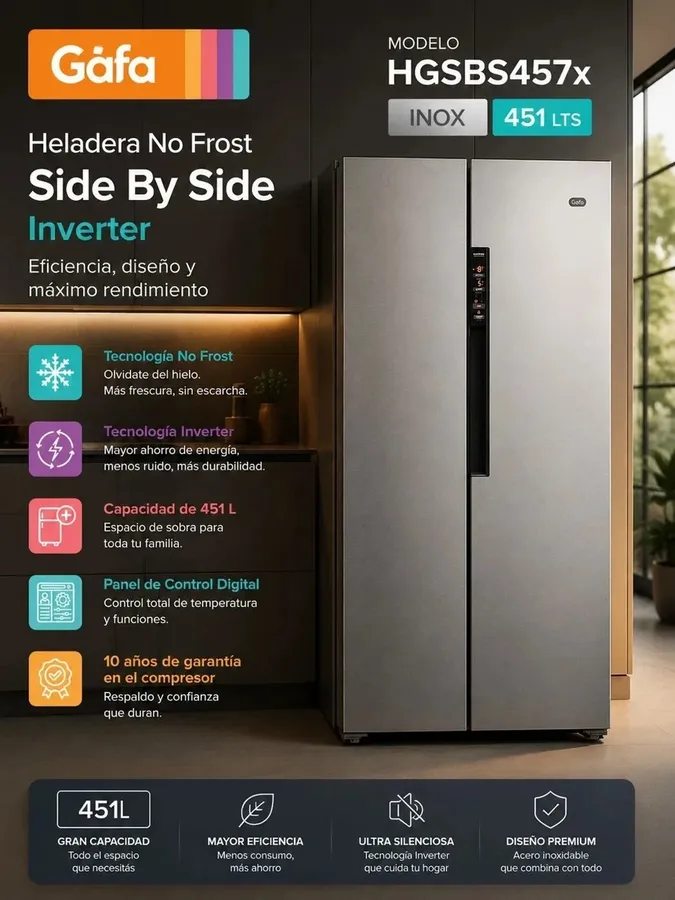 Heladera Gafa NO Frost Side BY Side Inverter 451LTS Inox