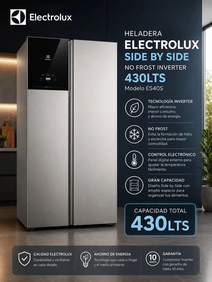 Heladera Electrolux ES40S NO Frost Side BY Side 430L Inve2rter Inox