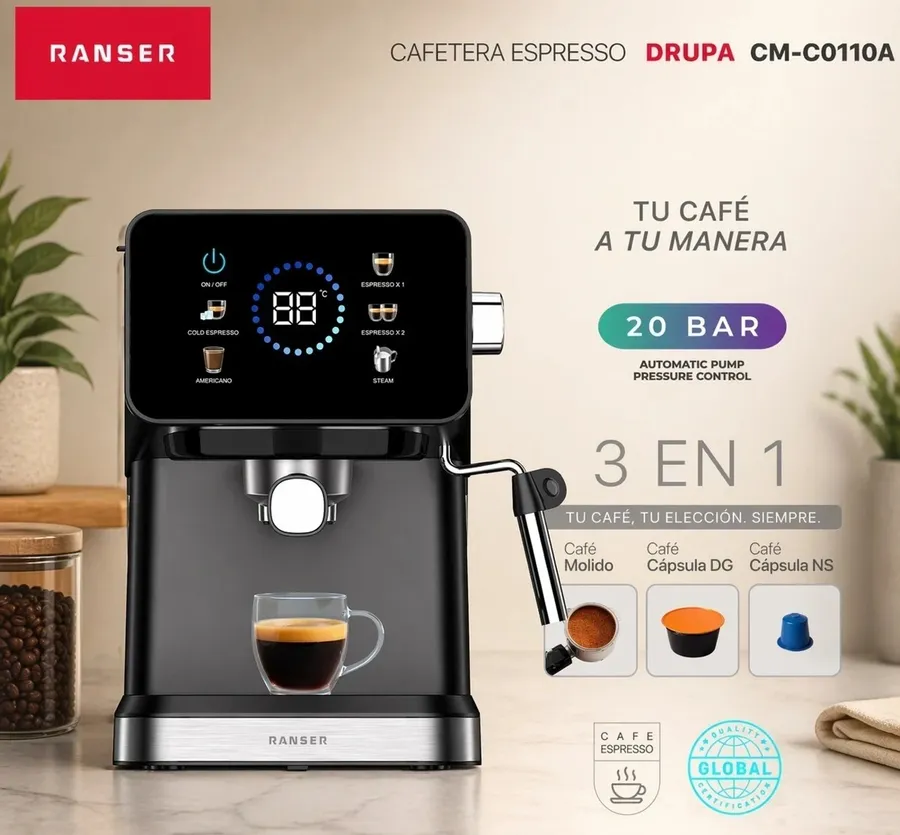 Cafetera Espresso 3 EN 1 Ranser Touch 20 BAR Multi-Caps
