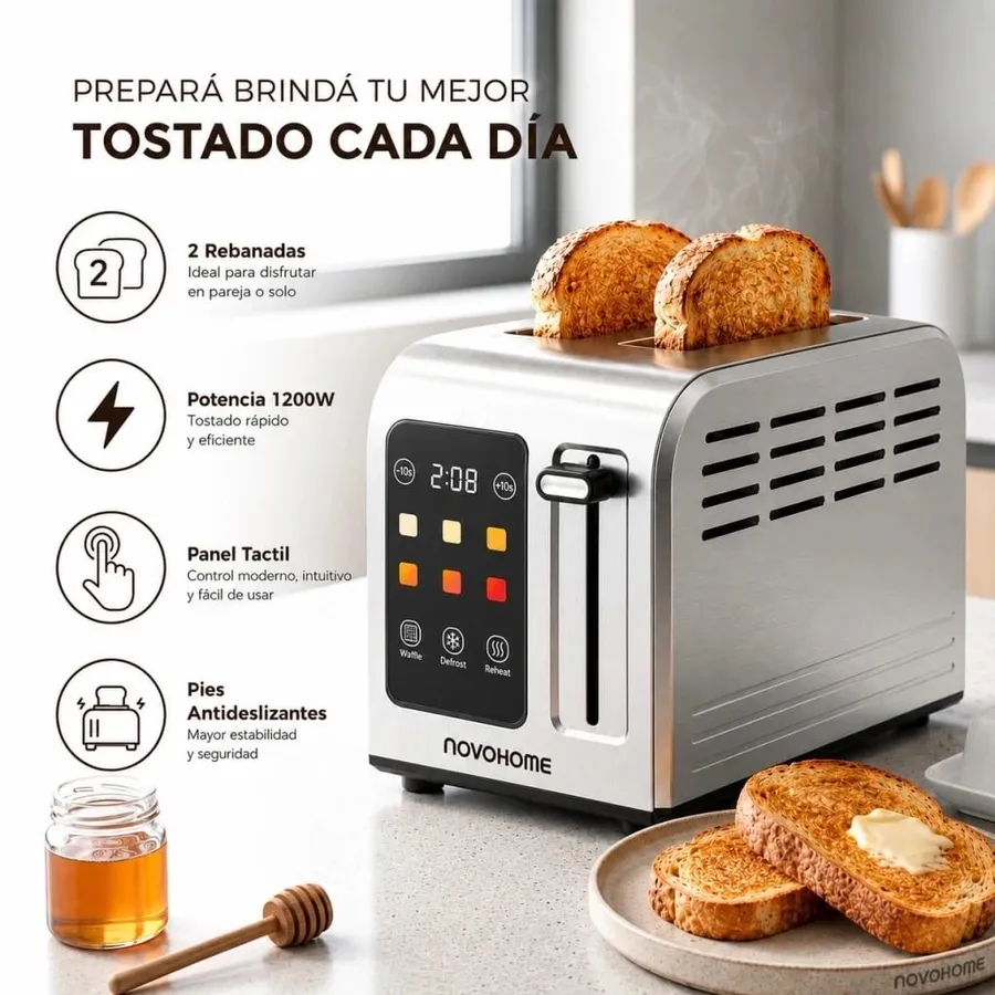 Tostadora Novohome Digital 2 Rebanasas 1000W Acero Inox Pantala Touch