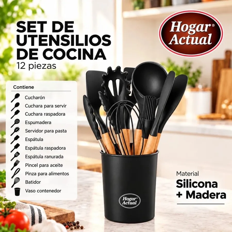SET DE Utensilios Para Cocina 12 Piezas Silicona Madera