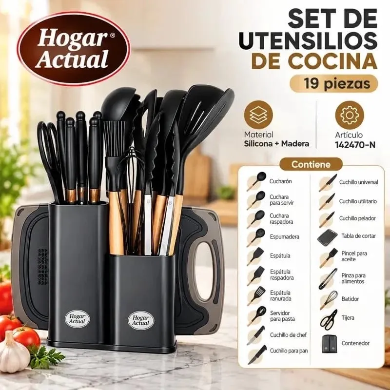 SET DE Utensilios DE Cocina 19 Piezas Silicona+Madera