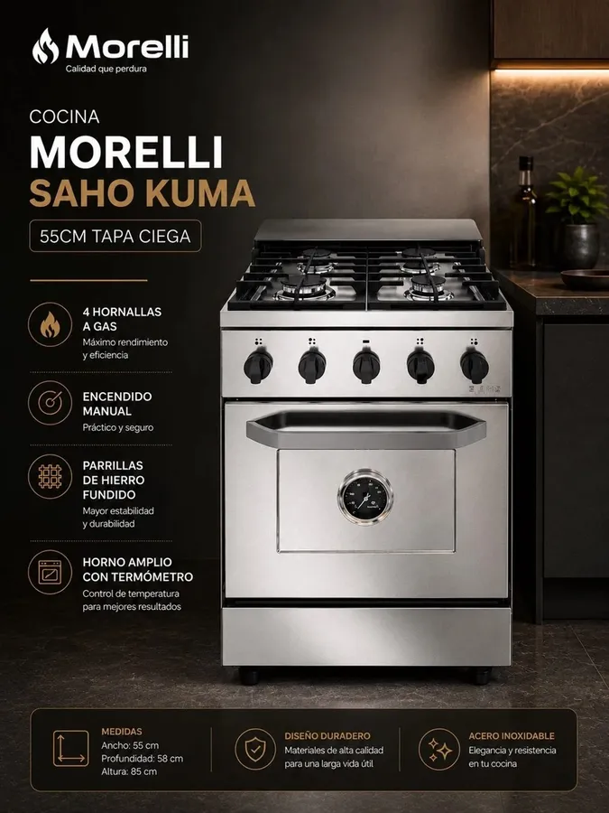 Cocina Morelli Saho Kuma 55Cm 4 Hornallas T/Ciega