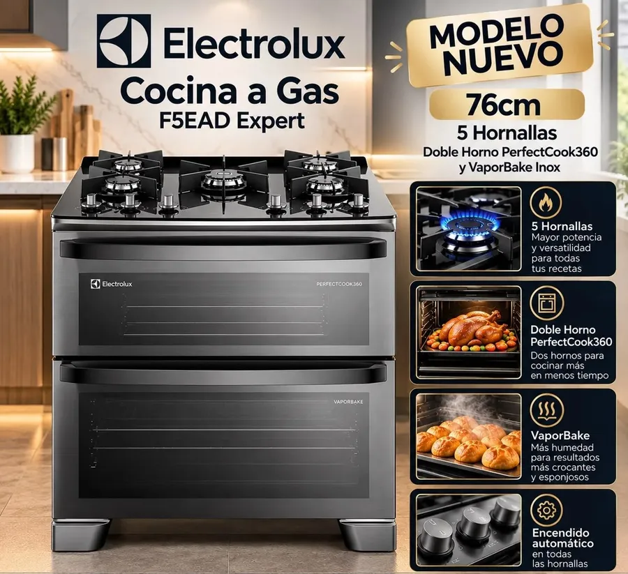 Cocina A GAS Electrolux F5EAD Expert 5 Hornallas Doble Horno PERFECTCOOK360 Y Vaporbake Inox