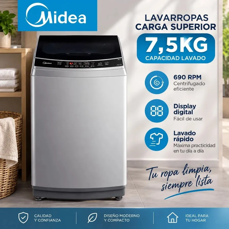 Lavarropas Carga Superior Midea MLS-75GE04N 690 RPM 7,5 KG Plateado