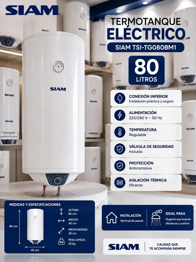 Termotanque Eléctrico Siam TSI-TG080BM1 80 LTS Conexión Inferior
