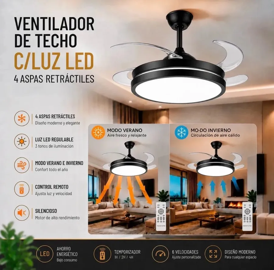 Ventilador Retractil Novohome 6 Velocidades Negro