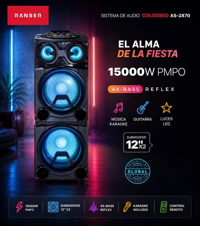 Torre DE Sonido Ranser 2000W TAS-2870 CON Luces
